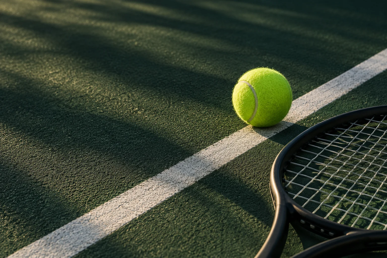 A lime tennis ball and black racket on a sunlit green court