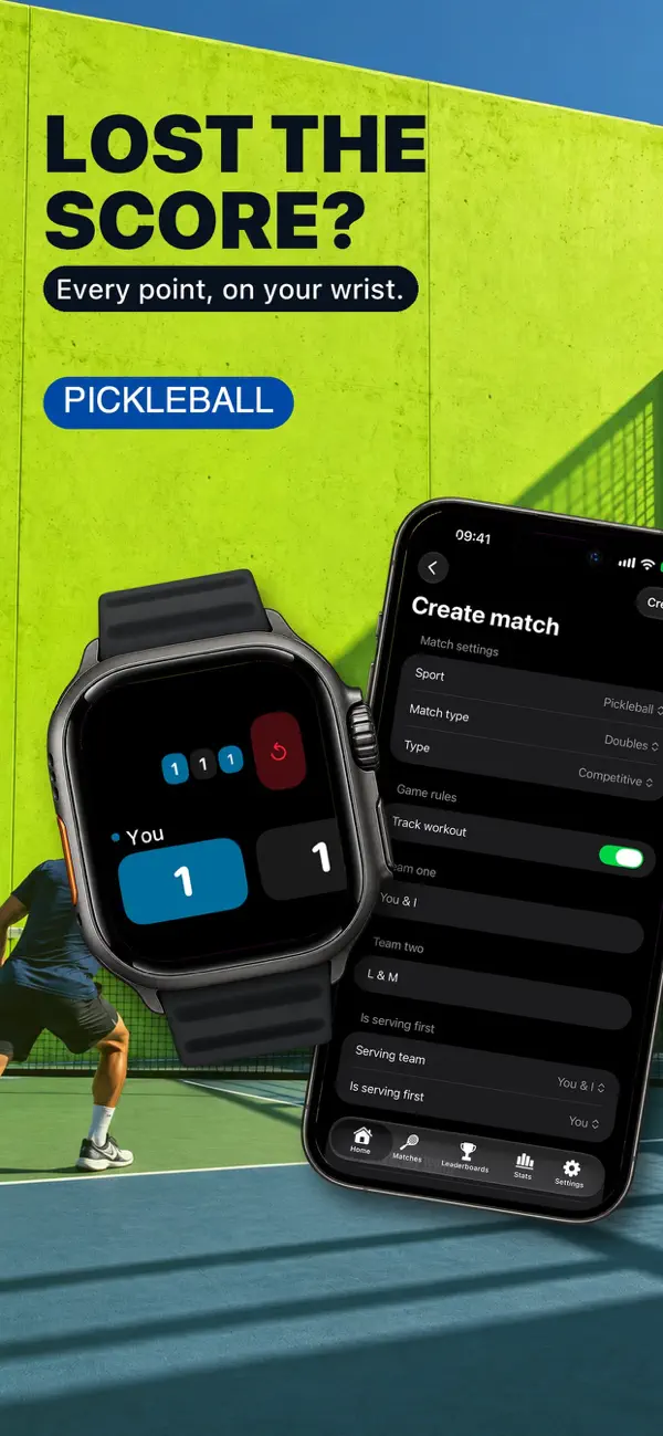 Racketly App Store screenshot showing live scoring on Apple Watch and match setup on iPhone