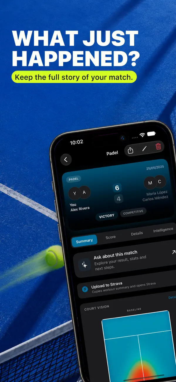 Racketly App Store screenshot showing match results and the story of a game