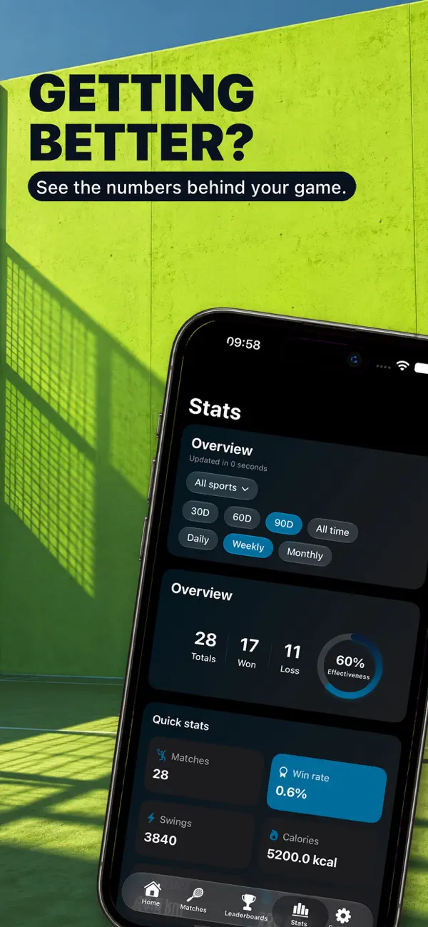 Racketly App Store screenshot showing match statistics and progress